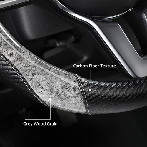 Wood Grain Steering Wheel Cover Carbon Car Steering Wheel Covers 14 1/2-15 inch with Coasters Microfiber Leather Splicing Breathable Anti-Slip Durable Universal Steering Wheel Protective - Gray - color: White