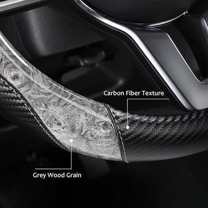 Wood Grain Steering Wheel Cover Carbon Car Steering Wheel Covers 14 1/2-15 inch with Coasters Microfiber Leather Splicing Breathable Anti-Slip Durable Universal Steering Wheel Protective - Gray - color: White