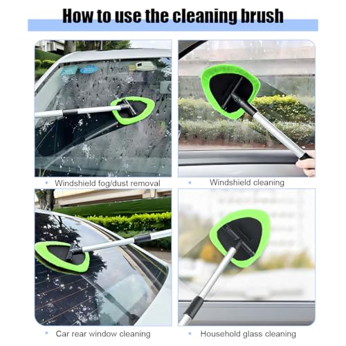 Car Windshield Cleaner Tool, Vehicle Window Detailing Cleaning Kit with Extendable Handle & 4 Washable Microfiber Pad, Auto Glass Wiper Cleaner for Exterior & Interior, Universal Fit (Green) - color: Green