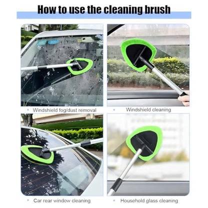 Car Windshield Cleaner Tool, Vehicle Window Detailing Cleaning Kit with Extendable Handle & 4 Washable Microfiber Pad, Auto Glass Wiper Cleaner for Exterior & Interior, Universal Fit (Green) - color: Green