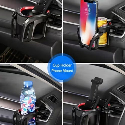 2-in-1 Car Air Vent Cup Holder and Cell Phone Mount, Anti-Spill Drink Slot & Fixed Angle Phone Clip, Universal Vehicle Organizer for Hands-Free Navigation