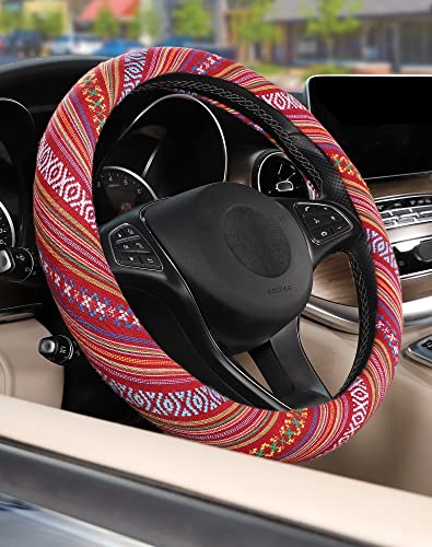 SEG Direct Boho Steering Wheel Cover with Baja Blanket Cloth, Ethnic Style Auto Wheel Cover Made of Coarse Flax, Fits 14 1/2-15 1/4 inches Car Wheel - color: Rosy Clouds