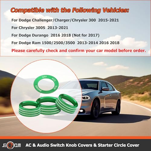 Air Conditioner Switch Button Knob Cover, Car Interior Accessories Radio Volume Control Knob, Aluminum Alloy Trim Rings Compatible with Dodge Challenger Durango 2015-2022 (Green) - color: Green