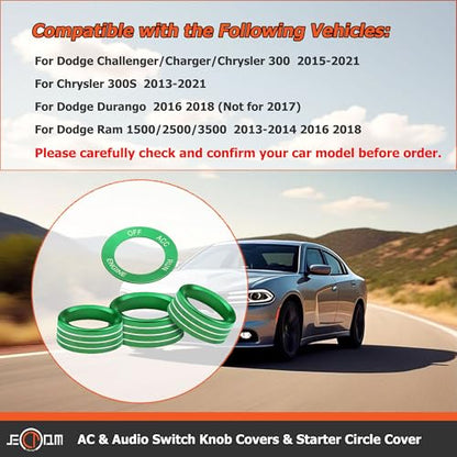 Air Conditioner Switch Button Knob Cover, Car Interior Accessories Radio Volume Control Knob, Aluminum Alloy Trim Rings Compatible with Dodge Challenger Durango 2015-2022 (Green) - color: Green