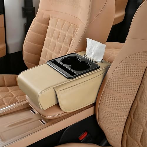 Car Armrest Storage Box,Car Accessories Console Organizers and Storage,Universal Waterproof Leather Console Cover with Cup Holder and Phone Holder,Suitable for Most Cars (Normal, Beige) - color: Beige, style: Normal