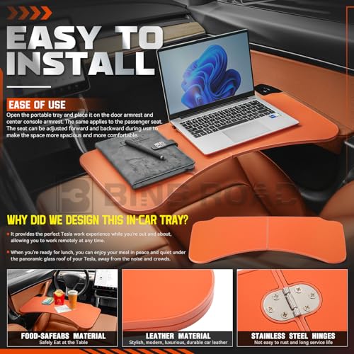 Leather Tray Table Folding Car Table Compatible with Tesla Model 3 Y – Multi-Use Dining Tray & Laptop Stand, Fits Front Driver & Passenger Seats,Orange - color: Orange