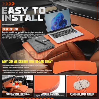 Leather Tray Table Folding Car Table Compatible with Tesla Model 3 Y – Multi-Use Dining Tray & Laptop Stand, Fits Front Driver & Passenger Seats,Orange - color: Orange