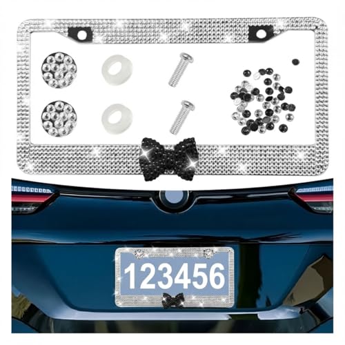 Bling Bow Car License Plate Frame, Sparkly Rhinestone Automotive License Plate Holder with Screws, Stainless Steel Vehicle Tag Decoration Cover Accessories for Women Men(Blackwhite) - color: BlackWhite