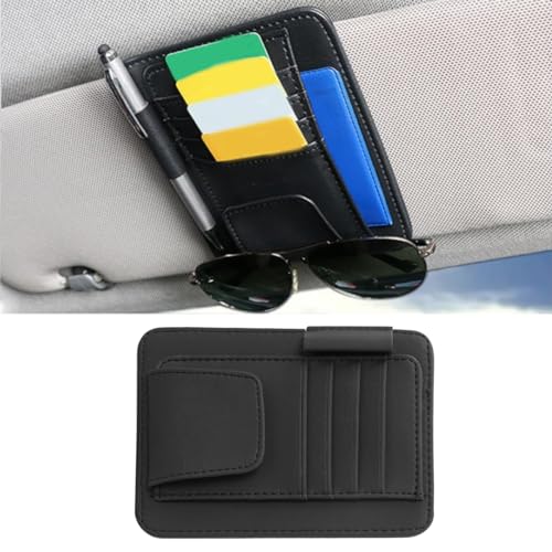 Leather Car Sun Visor Organizer Clip, Universal Car Truck Visor Document Holder with Sunglasses Clip, Auto Visor Pocket Storage for Bill Card Registration/Driving License Pen (Black) - color: Black