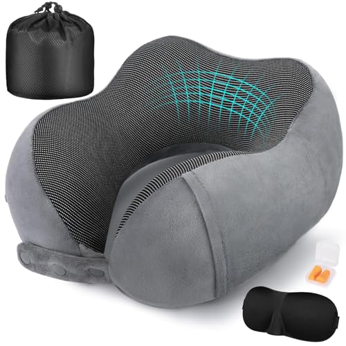 Cirorld Neck Pillow for Traveling, Travel Pillows for Airplanes,100% Pure Memory Foam Travel Neck Pillow, Adjustable Flight Pillow, Portable Plane Accessories with Eye Mask, Earplugs, Carry Bag - color: Grey