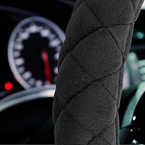 HAOKAY Luxury Fluffy Steering Wheel Cover for Men Women,Soft Warm Short Plush Steering Wheel Cover Black Fuzzy with Universal 14.5-15 Inch - color: BLACK