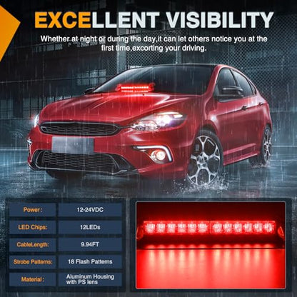 Nilight 12LED Traffic Advisor Strobe Light Bar Red Emergency Warning Hazard Safety Dash Front/Rear Windshield Flashing Lights for Cars Trucks Police Firefighter Plow Construction Vehicles - color: Red