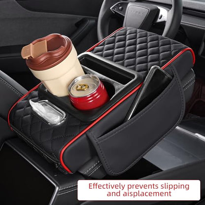 5 in 1 Car Center Console Cover, Armrest Pad with 2 Storage Pockets, Cup Holder, Tissue Box Slot, Phone Holder, Universal Car Interior Organizer (Black with Red Stitching) - color: Black with Red Stitching