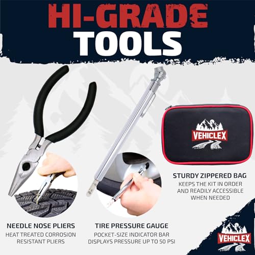 Vehiclex Tire Repair Kit for Plug and Patch with Aluminum Handled Tools - Emergency Kit with Pliers in Zippered Bag for Car, Motorcycle, ATV, Tractor, Lawn Mower - size: Compact+ Metal kit