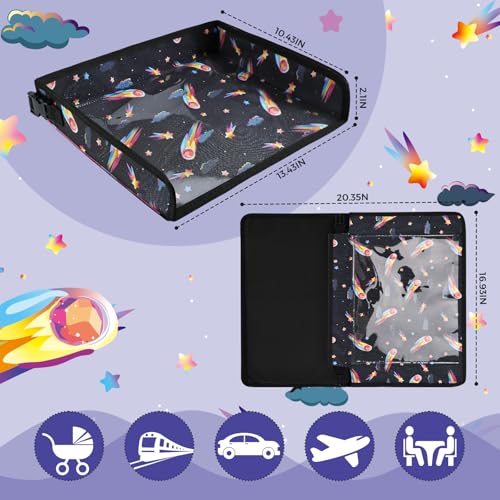 Airplane Tray Table Cover for Kids with Pockets, Foldable Tray Table Organizer for Toddler, Plane Travel Essentials Must-Haves for Train Buses High Chairs and Flying Supplies (Meteor Black)
