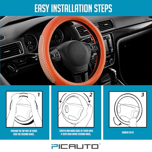 PIC AUTO Steering Wheel Cover, Glitter Gel Particles & Orange Luxury Leather Car Steering Cover, Universal Fit 14.5"-15.5" Anti-Slip Car Wheels Cover for Girls & Women - color: Orange