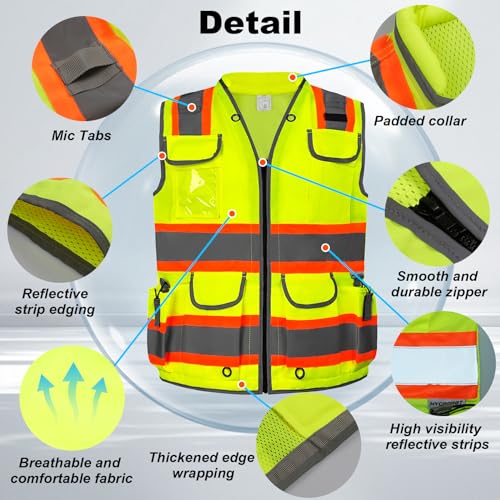HYCOPROT Reflective Safety Vest Class 2 High Visibility Heavy Duty Construction Vest with Padded Neck,Meet ANSI/ISEA Standard - color: Yellow, size: XX-Large