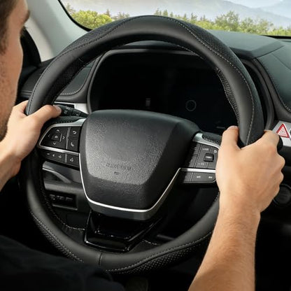 KAFEEK Steering Wheel Cover for Men Women, Universal 15 inch Microfiber Leather with Non-Slip Rubber Lining, Breathable Car Wheel Protector, Odorless, Durable, Black - color: black