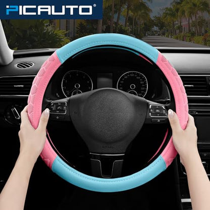 PIC AUTO Massage Steering Wheel Cover, Pink Football Pattern Material Spliced & Light Blue Leather Car Steering Wheel Cover, Car Steering Cover, Universal Fit 14.5"-15.5" for Cars, Trucks, Van, SUVs - color: Light Blue