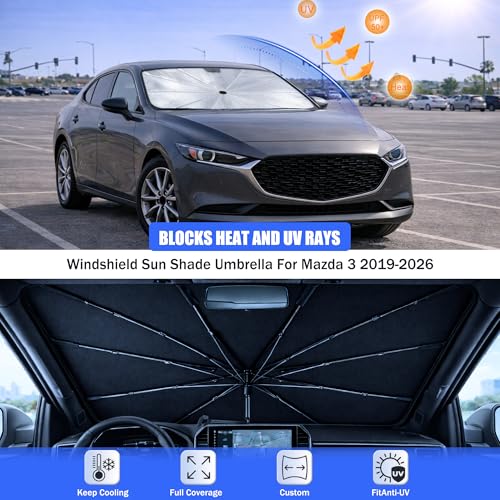 2026 Upgraded Car Windshield Sun Shade Umbrella - Custom-Fit for Mazda 3 2019-2026 Umbrella Sunshade,Easy Install,UV Protection & Heat Reflective,Keep Interior Cooler with Storage Bag - size: For Mazda 3 2019-2026