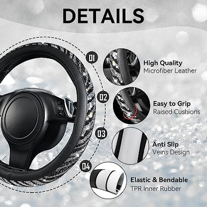 CAR PASS Bling Diamond Leather Steering Wheel Cover, with Bling Sparkly Crystal Glitter Rhinestone Universal Fit 14" 1/2-15" Car Wheel Protector Fit for Women Girl SUV,Vans,Sedans,Trucks, Zebra Print - color: Zebra Print Diamond