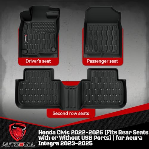 Floor Mats Compatible with Honda Civic 2022-2025 2026 (Fits Rear Seats with or Without USB Ports) | for Acura Integra 2023-2025, All Weather TPE Floor Liners, Custom Fit Car mats, 1st & 2nd Row, Black - style: Honda Civic 2022-2025 2026