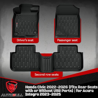 Floor Mats Compatible with Honda Civic 2022-2025 2026 (Fits Rear Seats with or Without USB Ports) | for Acura Integra 2023-2025, All Weather TPE Floor Liners, Custom Fit Car mats, 1st & 2nd Row, Black - style: Honda Civic 2022-2025 2026