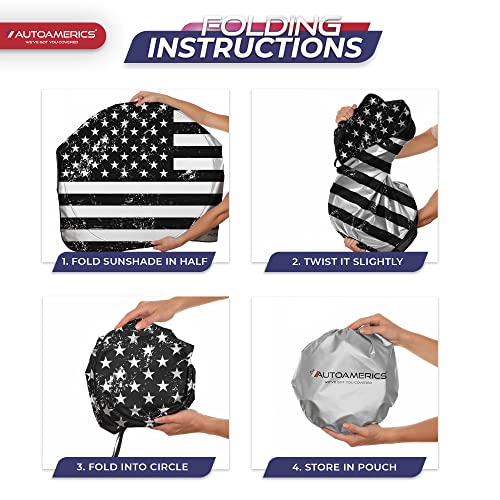 Autoamerics Truck Windshield Sun Shade with Storage Pouch & Anti-Slip Dash Pad - Foldable Grunge B&W USA Flag Design - Fits Most SUVs & Trucks - Reflective 230T Material | X-Large (66 x 36 inches) - color: USA GRUNGE B&W FLAG, size: X-LARGE = 66 x 36 inch