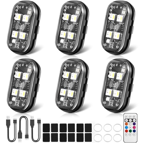 Upgraded 4LEDs 6PCS Wireless LED Strobe Lights, 8 Colors Aircraft Strobe Lights with Remote Control, USB to Type-C Rechargeable Light IP65 Waterproof Anti-Collision Emergency Warning Light - size: 6PCS (Upgraded 4LEDs)