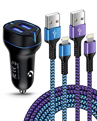 Phone Car Charger, Dual Port Cigarette Lighter Adapter + 2Pack-3FT Lightning Cables Fast Charging for iPhone 14 13 12 Pro Max Mini 11Pro 10 SE X XR XS Max 8, Lightening Wire 3FT + Car Phone Cargador - size: Car Charger Fit