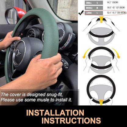 PINCTROT Large Size Nappa Leather Steering Wheel Cover, Slim Fit No Bulk Design, One Piece Leather with Breathable Perforation, Fit Like Gloves, 15.5-15.75 Inch(Nappa Green) - color: 11.Green, size: Large Size[15 1/2''-15 3/4'']