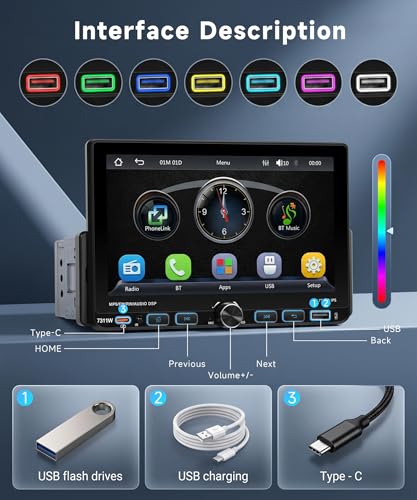 Single Din Radio Car Stereo with Wireless/Wired CarPlay & Android Auto, 7'' Single Din Touchscreen with BT,Mirror Link,FM/AM/RDS,EQ,USB/Type-C,Rear View Camera,SWC,Mic - style: Dual USB & Bottom Buttons