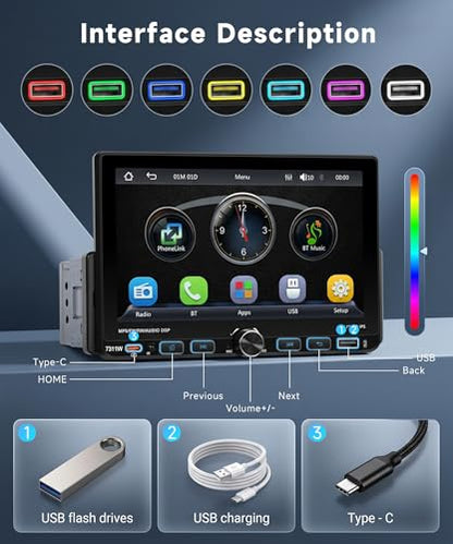 Single Din Radio Car Stereo with Wireless/Wired CarPlay & Android Auto, 7'' Single Din Touchscreen with BT,Mirror Link,FM/AM/RDS,EQ,USB/Type-C,Rear View Camera,SWC,Mic - style: Dual USB & Bottom Buttons