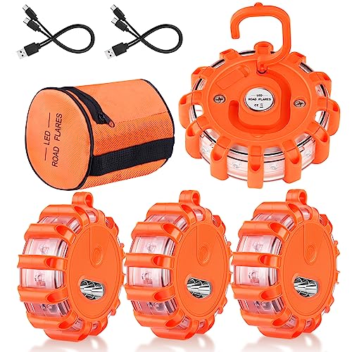 Tobfit 4 Pack Rechargeable LED Road Flares Roadside Emergency Car Kit, Emergency Lights for Vehicles Flashing Flare Beacon Disc with Magnetic Base & Hook, Carrying Bag, Type-C USB Cable Included - color: 4 Sets