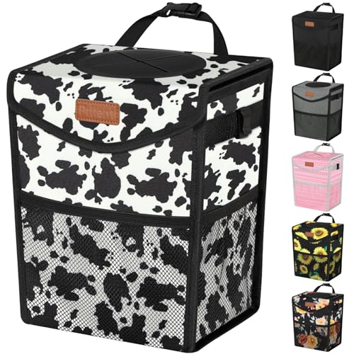 Pritent Car Trash Can with Lid, Cute Leakproof Car Trash Garbage Bag Hanging Vehicle Trash Bin Small Portable Automotive Garbage Cans Organizer for Back/Front Seat/Console(2.8 Gallons,Cow Print) - color: Cow Print, size: 2.8 Gallons