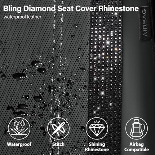 CAR PASS Leather Bling Diamond Car Seat Covers Full Set, Shining Rhinestone Waterproof Durable Rear with Zipper, Universal Fit Automotive Glitter Crystal Sparkle Strip for Cute Women Girly Black - color: Black Diamond, size: Full Set