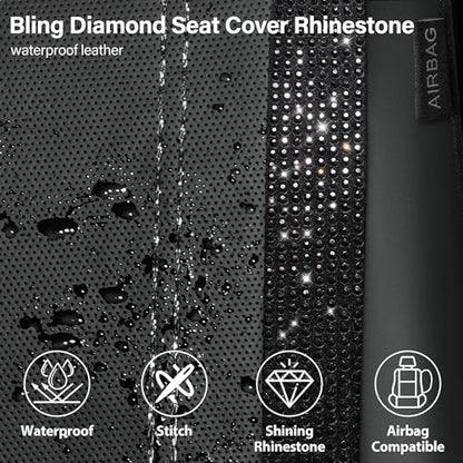 CAR PASS Leather Bling Diamond Car Seat Covers Full Set, Shining Rhinestone Waterproof Durable Rear with Zipper, Universal Fit Automotive Glitter Crystal Sparkle Strip for Cute Women Girly Black - color: Black Diamond, size: Full Set