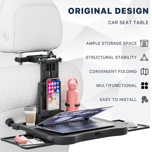 Car Back Seat Tray Table-Stable Auto Backseat Food Trays Desk for Rear Passenger Road Trip Eating & Work, Multifunctional Adjustable Travel Tray with Phone Drink Holder for Laptop iPad