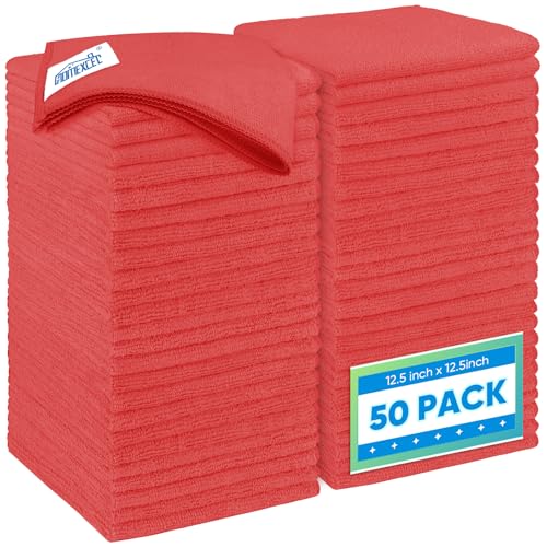 HOMEXCEL Red Microfiber Cleaning Cloth 50 Pack, 12.5 x 12.5 inch Microfiber Towels for Cars, Ultra Absorbent Car Washing Cloth, Lint Free Streak Free Cleaning Rags for Car, Kitchen, and Window - color: Red, size: 12.5 x 12.5 Inch