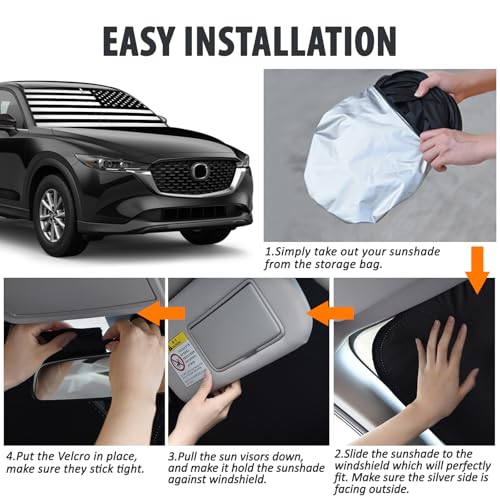 D-Lumina Windshield Sun Shade for Mazda CX-5 2017-2025 CX5 Accessories, Front Window Sunshade American Flag Sun Visor Protector Sun Shield Blocks UV Rays Heat, Foldable 2 Layers 210T Material - size: Silver & Black-fit 2017-2025 Mazda Cx-5