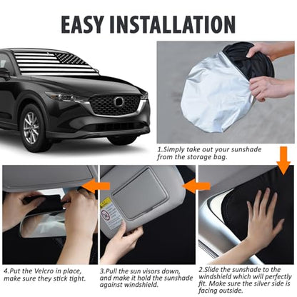 D-Lumina Windshield Sun Shade for Mazda CX-5 2017-2025 CX5 Accessories, Front Window Sunshade American Flag Sun Visor Protector Sun Shield Blocks UV Rays Heat, Foldable 2 Layers 210T Material - size: Silver & Black-fit 2017-2025 Mazda Cx-5