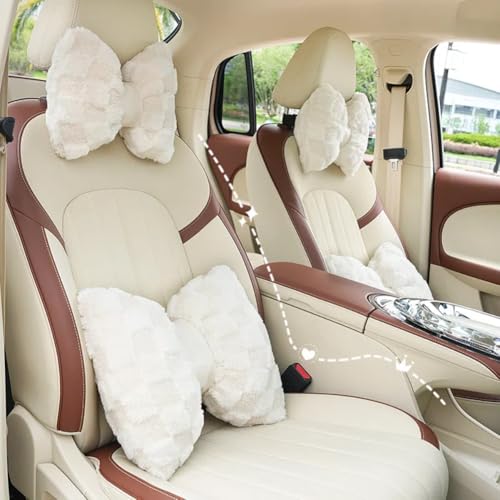 4 Pack Car Neck Pillow and Lumbar Support Cushion Plush Butterfly Knot Headrest Pillow Comfortable Waist Support Cute Car Interior Decor - color: White