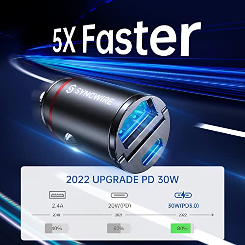 USB C Car Charger Syncwire 60W [PD 30W & QC 30W] USB Car Charger Adapter Fast Charging [Super Mini & All Metal] for iPhone, Samsung, Google Pixel, XiaoMi, Huawei, LG, iPad Road Trip Essentials - color: Black