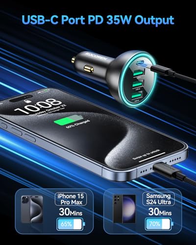 Rocoren 4-Port 55W Car Charger, PD3.0 QC3.0 Super Fast Charging USB C Car Charger for Multiple Devices, Cigarette Lighter Adapter for iPhone 17/16/15/14 Series, iPad Pro, Samsung S25/S24 Ultra, Pixel
