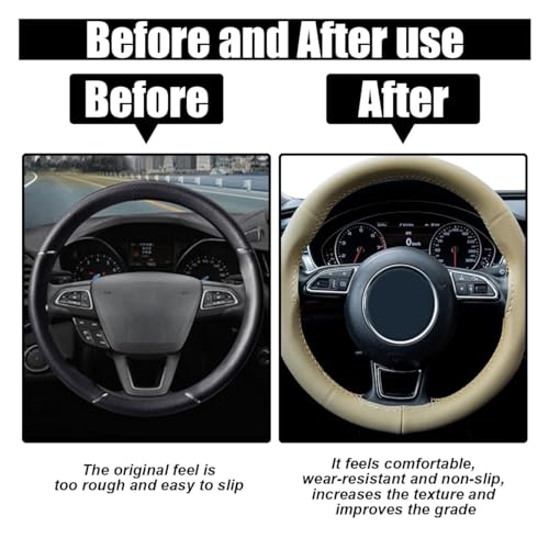Car Genuine Leather Steering Wheel Cover, DIY Sewing with Needle and Thread, Breathable, and Anti-Slip, Universal 15 Inch Car Steering Wheel Stitching Wrap (Beige, Glossy) - color: Beige, size: Glossy
