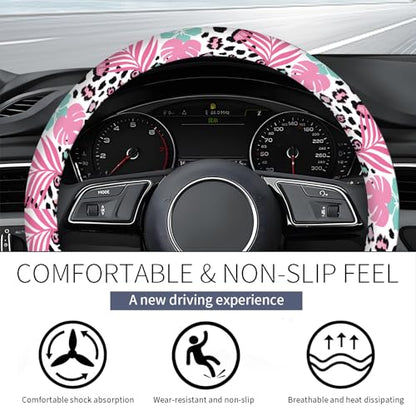 Steering Wheel Covers for Car, Truck, and SUV, Cute Non-Slip Breathable Elastic Steering Wheel, Car Accessories, Universal 15 Inch Leather Cover for Men Women Tropical Leaves Leopard - color: Tropical Leaves Leopard