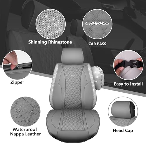 CAR PASS Gray Leather Bling Car Seat Covers Full Set, Luxury Microfiber Nappa PU Cushioned, Waterproof Anti-Slip Universal Fit for Auto SUV Sedan Sparkly Glitter Shining Rhinestone, Gray Diamond - color: Gray Diamond, size: Full Set