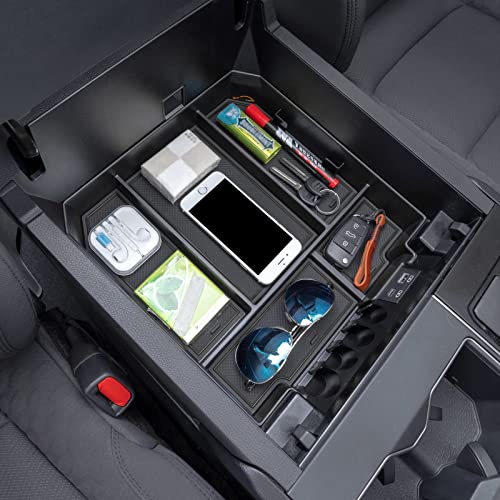 JDMCAR Center Console Organizer Compatible with 2022-2025 2026 Toyota Tundra Accessories and 2023-2026 toyota sequoia Armrest Secondary Storage Box ABS Material with Non-Slip Mats (Black Trim) - color: black