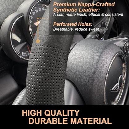 PINCTROT Nappa Leather Steering Wheel Cover, Slim Fit No Bulk Design, One Piece Leather with Breathable Perforation, Fit Like Gloves, Universal 14.5-15 Inch(Nappa Black) - color: 01.Black, size: Medium(Standard) Size[14 1/2''-15'']