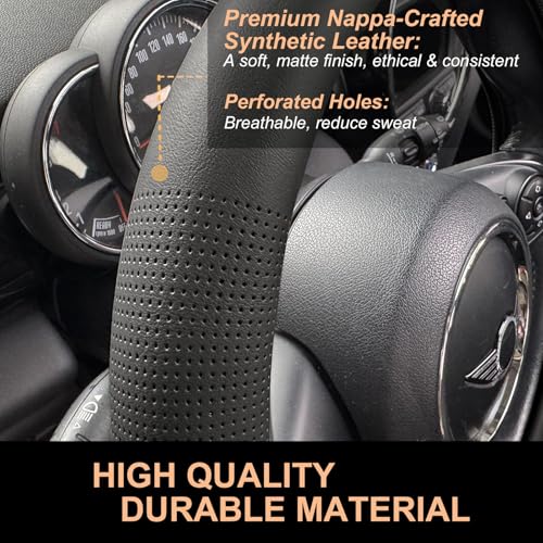 PINCTROT Large Size Nappa Leather Steering Wheel Cover, Slim Fit No Bulk Design, One Piece Leather with Breathable Perforation, Fit Like Gloves, 15.5-15.75 Inch(Nappa Black) - color: 01.Black, size: Large Size[15 1/2''-15 3/4'']